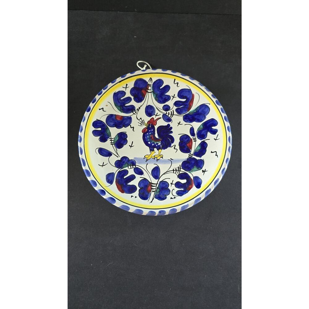 Deruta Italian Rooster Collector Plate Blue Yellow Floral Majolica Wall Art
